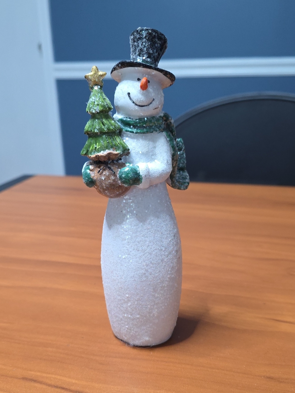 Whimsical White Snowman Figurine with Green Tree - Holiday Decor